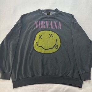 Nirvana Primark Smiley Face Graphic Sweatshirt Mens XL Faded Black Crewneck